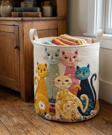 Whimsical Cat Garden Quilted Laundry Hamper – Cute Collapsible Fabric Basket With Padded Sides & Handles For Nursery, Kids & Home Storage