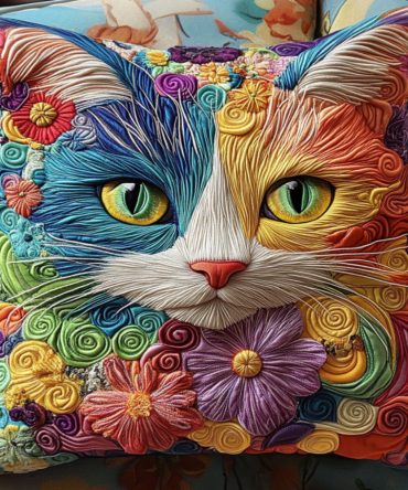 Hand-Stitched Whimsical Cat Portrait Quilted Throw Pillow Cover — Decorative Cat Cushion For Home, Sofa & Unique Gift
