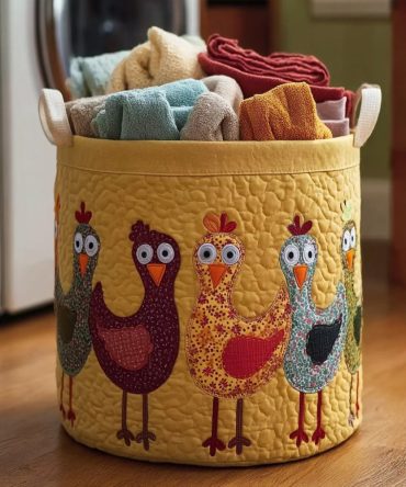 Whimsical Chicken Quilted Laundry Hamper – Large Farmhouse Chicken Print, Foldable Quilted Fabric Basket With Reinforced Handles