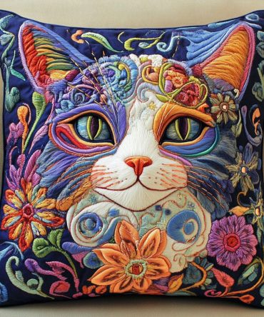 Elegant Whimsical Feline Beauty Quilted Cushion Cover — Luxurious Cat Throw Pillow For Living Room, Bedroom & Gift Giving