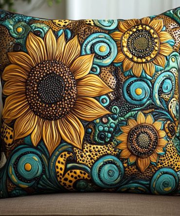 Whimsical Sunflowers Quilted Pillowcase, Bright Sunflower Floral Throw Pillow Cover For Bedroom & Porch, Durable Cotton Blend