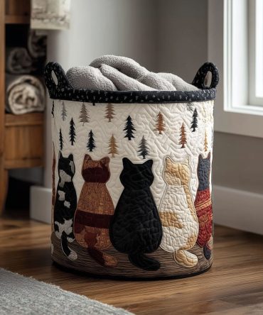 Whimsicat Tails Quilted Storage Basket — Playful Cat-Tail Print Collapsible Laundry Hamper For Stylish, Space-Saving Home Organization