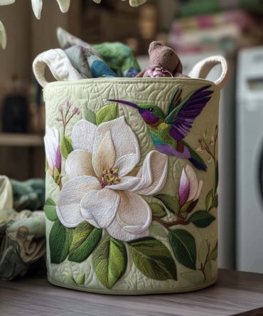 Whimsy Hummingbird Flight Quilted Laundry Hamper — Bird Print Fabric Laundry Basket, Lightweight Collapsible Organizer