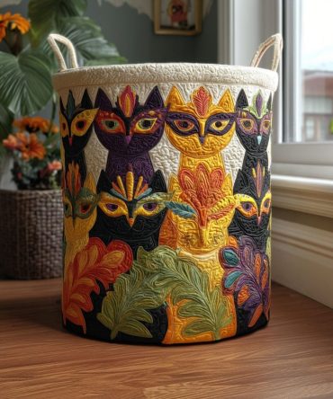 Whisker Carnival Quilted Fabric Laundry Hamper — Festive Cat-Themed Washable Clothes Basket With Handles, Foldable Pet & Home Organizer