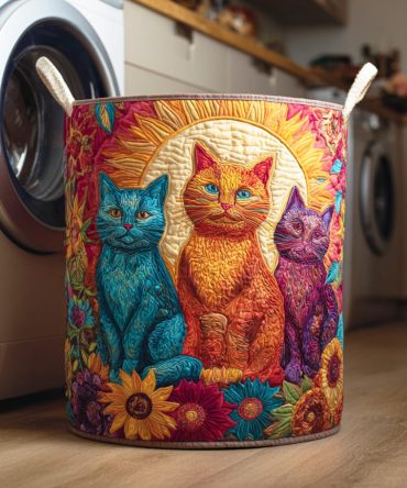 Whisker Garden Quilted Laundry Hamper — Charming Foldable Laundry Basket With Garden Cat Design, Soft Washable Storage For Bedroom & Closet