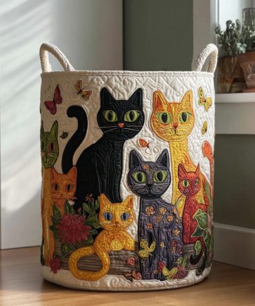 Garden Whiskers Quilted Hamper — Floral Cat Design Collapsible Laundry Basket For Cute, Functional Home & Nursery Storage