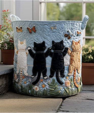 Whisker Meadow Quilted Fabric Laundry Hamper — Meadow Cat Print Foldable Laundry Basket With Handles & Machine-Washable Liner For Home
