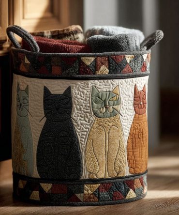 Whisker Parade Quilted Cat-Themed Laundry Hamper — Cute Kitten Fabric Storage Basket, Collapsible Laundry Organizer For Pet Lovers