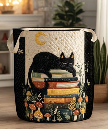 Whisker Reading Nook Quilted Hamper — Cozy Cat-Themed Foldable Laundry Basket With Handles, Decorative Storage For Books & Clothes