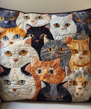 Whiskered Wonderland Cat Quilted Pillowcase - Charming Cat Illustration Cushion Cover, Soft Quilting For Cozy Reading Nooks & Sofas