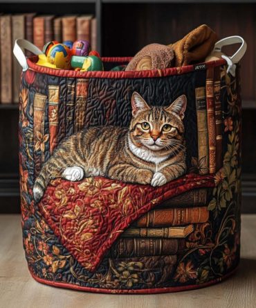 Whiskered Wonders Quilted Fabric Laundry Hamper — Cute Cat-Pattern Foldable Laundry Basket With Comfortable Handles For Everyday Use