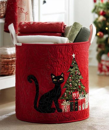 Whiskers Under The Tree Quilted Hamper: Festive Cat & Holiday Laundry Basket For Seasonal Decor & Charming Home Organization