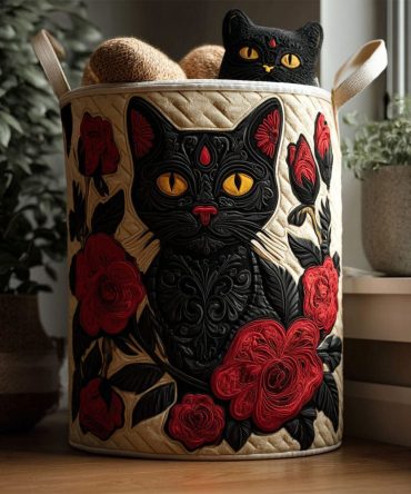 Whiskers & Roses Quilted Laundry Hamper — Floral Cat Design Decorative Fabric Basket, Large Collapsible Laundry Organizer With Handles