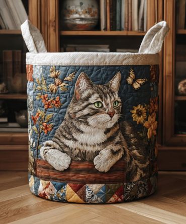 Whiskers In Bloom Quilted Laundry Hamper – Floral Cat Laundry Basket, Foldable Decorative Hamper For Bedroom, Nursery & Pets