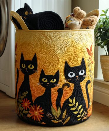 Whiskers In The Garden Quilted Laundry Hamper — Botanical Cat Print Foldable Basket, Gentle Quilting For Clothing & Toy Storage