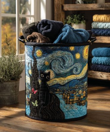 Whiskers In The Wind Quilted Storage Hamper — Airy Collapsible Laundry Basket With Handles, Padded Cat-Themed Design For Stylish Home Organization