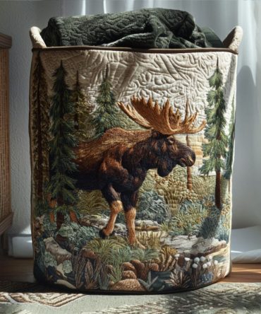 Whispering Antlers Quilted Laundry Hamper — Rustic Deer-Themed Foldable Storage Basket, Sturdy Waterproof Bin For Cabin & Country Homes