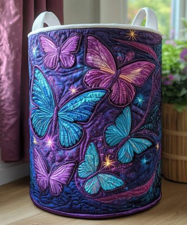 Whispering Butterfly Quilted Laundry Basket – Elegant Collapsible Fabric Hamper, Washable, Decorative Storage For Nursery & Closet