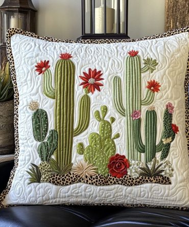 Whispering Cacti Quilted Throw Pillow Cover — Modern Desert Design, Soft Textured Cushion Case For Sofa, Patio & Cozy Corners