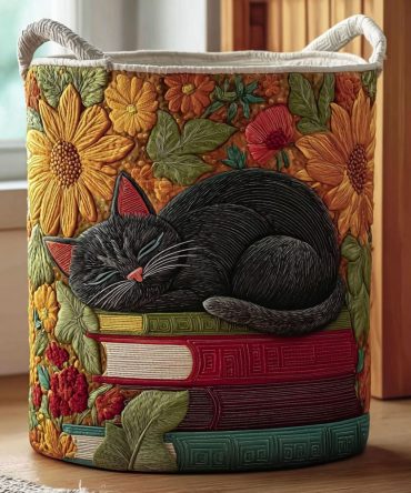 Whispering Cat Quilted Laundry Hamper — Elegant Cat Motif Storage Basket For Pet Lovers, Bedrooms & Nurseries