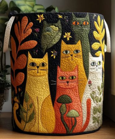 Whispering Cat Woods Quilted Laundry Hamper - Woodland Cat Pattern Foldable Fabric Basket With Sturdy Handles, Stylish Home Organizer