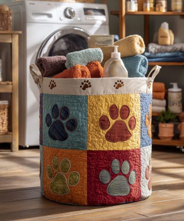 Whispering Pawlight Quilted Laundry Hamper — Soft Pastel Paw Print Fabric Basket, Collapsible Organizer For Bedroom, Nursery & Pets