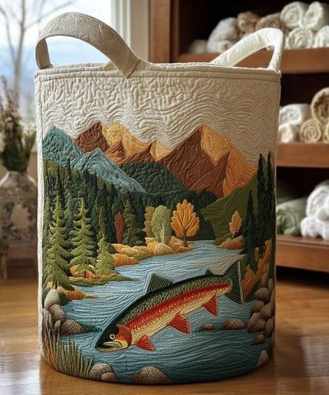 Whispering River Quilted Laundry Hamper — Serene Riverprint Foldable Storage Basket With Durable Handles & Removable Washable Liner
