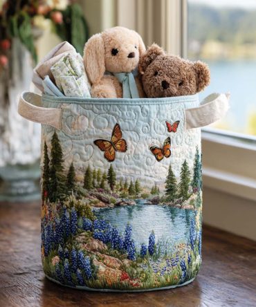 Whispers Of Bluebonnet Quilted Laundry Hamper – Soft Blue Floral Fabric Basket, Foldable Nursery Organizer, Machine Washable