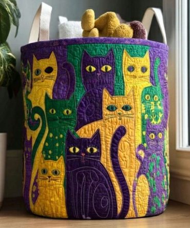 Cat Carnival Whispers Quilted Laundry Hamper - Playful Masquerade Cat Print Collapsible Fabric Basket For Decorative Storage
