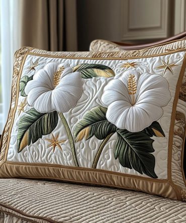 White Hibiscus Quilted Pillow Cover — Tropical Floral Cotton Decorative Sham, Soft Quilting, Hypoallergenic & Easy Machine Care