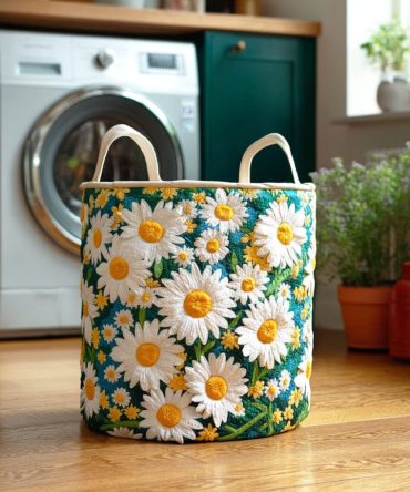 White Daisy Charm Quilted Hamper — Elegant Daisy Print Laundry Basket With Soft Quilted Fabric, Collapsible Storage For Home & Dorm