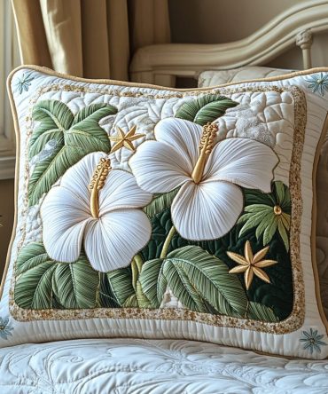White Hibiscus Quilted Pillow Cover - Elegant White Floral Throw Pillowcase For Minimal & Coastal Interiors, Soft Cotton-Blend, Easy Care