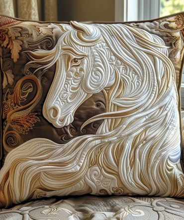 Elegant White Horse Quilted Pillow Cover — Classic Equine Throw Pillowcase For Minimalist, Rustic & Farmhouse Home Styling