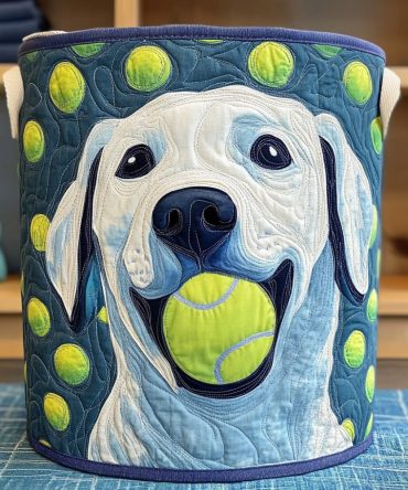 White Labrador Joy Quilted Fabric Hamper — Elegant Light Dog-Print Laundry Basket With Handles, Collapsible & Machine-Washable Liner