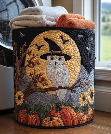 White Owl Witch Quilted Laundry Hamper — Stylish Fall & Halloween Fabric Laundry Basket, Durable Washable Storage Bin