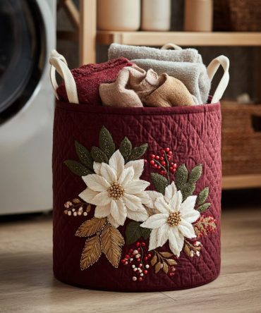 White Poinsettia Quilted Laundry Hamper - Festive Foldable Laundry Basket With Quilted Fabric & Carry Handles