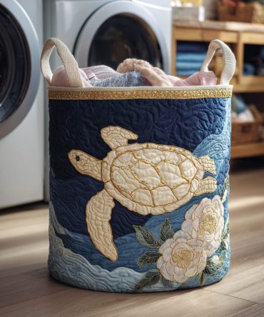 White Turtle Serenity Quilted Laundry Hamper – Elegant Foldable Fabric Basket With Soft Lining And Sturdy Handles, Decorative Coastal Laundry Organizer