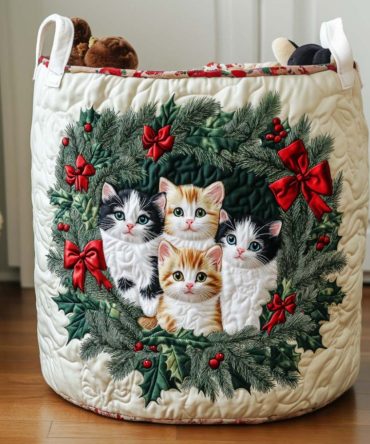 White Winter Cat Quilted Laundry Hamper — Elegant Snowy Cat Motif, Soft Quilted Fabric Basket With Handles For Cozy Seasonal Storage