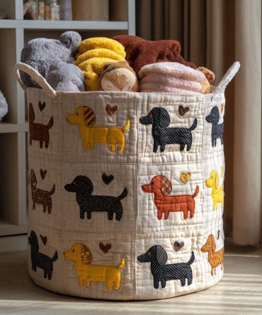 Wiener Wonderland Quilted Laundry Basket — Playful Dachshund Print Collapsible Hamper, Quilted Fabric Organizer With Carry Handles