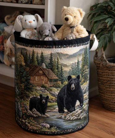 Wild Bear Quilted Laundry Hamper — Rustic Animal Print Fabric Basket, Foldable Storage Bin With Handles For Cabin & Kids