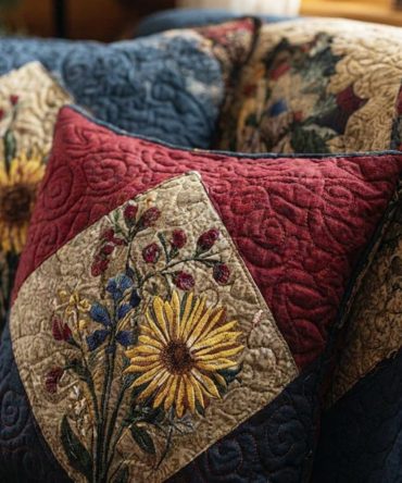 Wild Harvest Quilted Pillow Cover V2 — Rustic Floral Throw Pillowcase, Textured Stitched Accent For Cabin, Farmhouse & Cozy Living Spaces