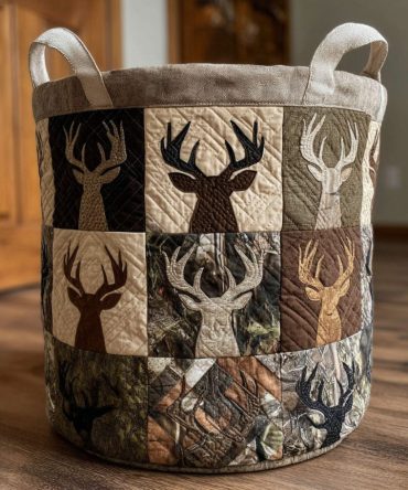 Wild Antlers Quilted Laundry Hamper — Antler Motif Quilted Fabric Basket, Durable Collapsible Laundry Organizer With Easy-Carry Handles