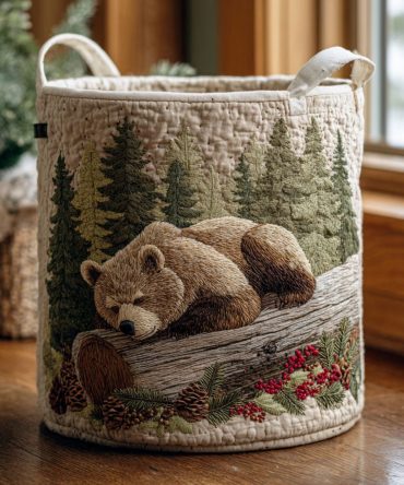 Wild Bear Quilted Fabric Laundry Hamper - Collapsible Decorative Storage Basket With Handles For Kids Room & Laundry Room