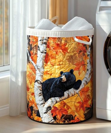 Wild Bear Quilted Laundry Hamper — Rustic Decorative Fabric Laundry Basket, Large Collapsible Organizer With Handles, Machine-Washable