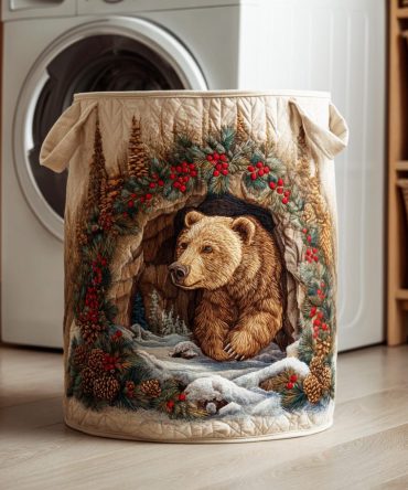 Wild Bear Winter Quilted Laundry Hamper — Rugged Bear-Print Fabric Basket, Collapsible Large Laundry Bin With Handles For Living Room, Bedroom & Dorm