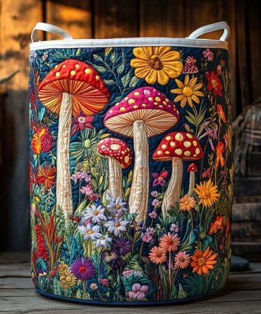 Wild Blossom Mushroom Quilted Laundry Hamper — Boho Shroom Patch Design, Durable Collapsible Fabric Storage Basket For Bedroom