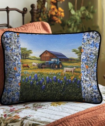 Wild Bluebonnet Quilted Pillow Cover — Iconic Bluebonnet Floral Quilted Pillowcase For Texas-Themed, Cottage & Country Home Decor