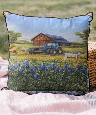 Bluebonnet Floral Quilted Throw Pillow Cover — Texas Wildflower Home Accent, Soft Quilted Texture, Durable & Washable