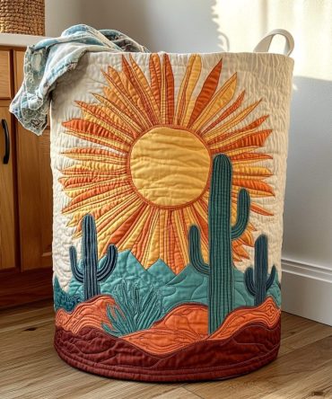 Southwest Quilted Laundry Hamper — Wild Cactus Edition , Robust Foldable Fabric Basket With Carry Handles For Bedroom, Rv & Dorm Storage