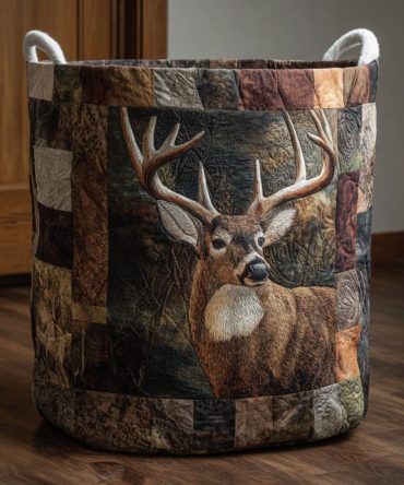 Wild Deer Quilted Fabric Laundry Hamper — Elegant Deer Print Laundry Basket, Collapsible Home Organizer With Reinforced Carry Handles